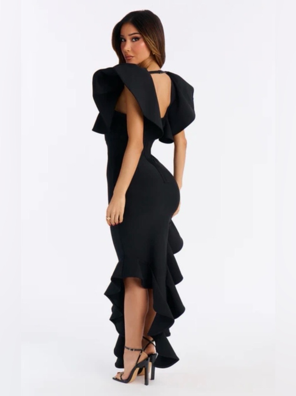 Elegant Black asymmetrical Ruffle Dress with Statement Sleeves - Picture 11 of 16